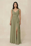 Ruffled V-Neck A-Line Chiffon Bridesmaid Dress in Thyme - KissProm BRIDESMAID DRESSES