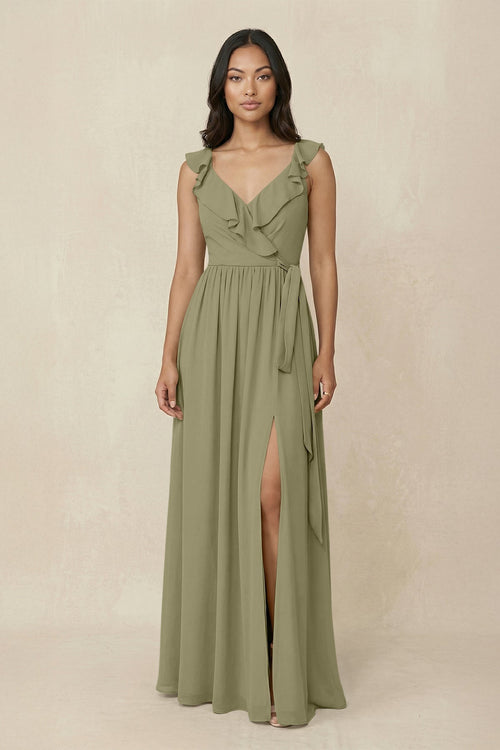 Ruffled V-Neck A-Line Chiffon Bridesmaid Dress in Thyme - KissProm BRIDESMAID DRESSES