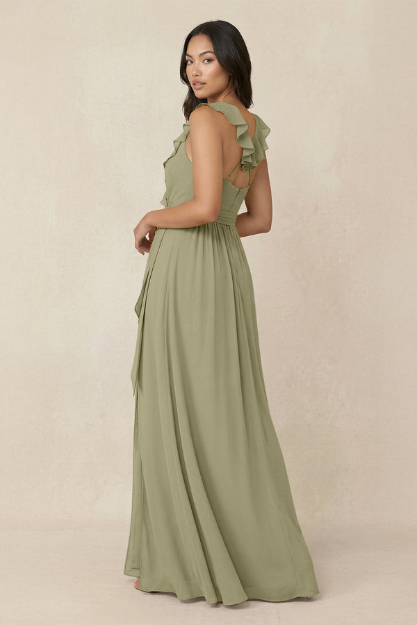 Ruffled V-Neck A-Line Chiffon Bridesmaid Dress in Thyme - KissProm BRIDESMAID DRESSES