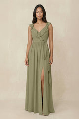 Ruffled V-Neck A-Line Chiffon Bridesmaid Dress in Thyme - KissProm BRIDESMAID DRESSES