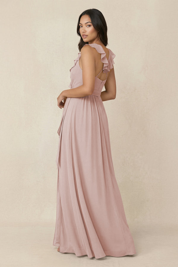 Ruffled V-Neck A-Line Chiffon Bridesmaid Dress in Toffee - KissProm BRIDESMAID DRESSES