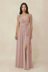 Ruffled V-Neck A-Line Chiffon Bridesmaid Dress in Toffee - KissProm BRIDESMAID DRESSES
