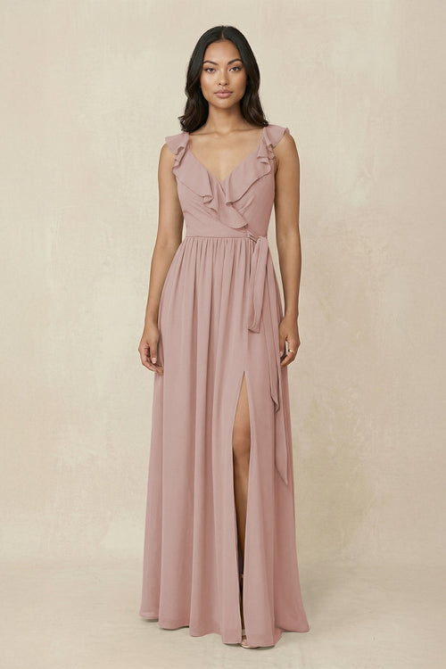 Ruffled V-Neck A-Line Chiffon Bridesmaid Dress in Toffee - KissProm BRIDESMAID DRESSES