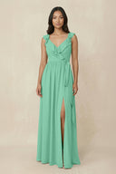 Ruffled V-Neck A-Line Chiffon Bridesmaid Dress in Turquoise - KissProm BRIDESMAID DRESSES