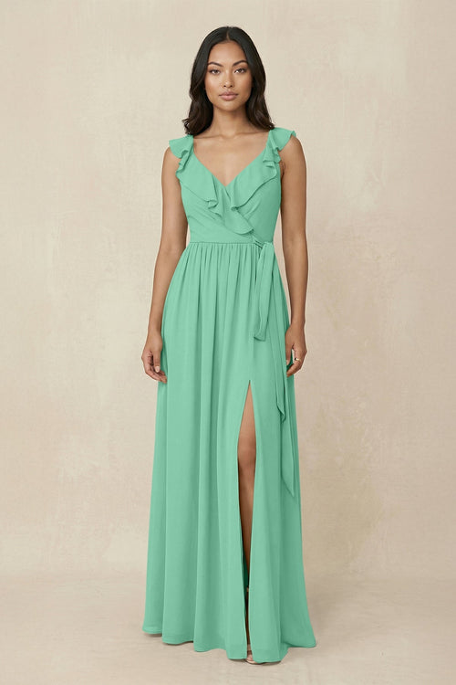 Ruffled V-Neck A-Line Chiffon Bridesmaid Dress in Turquoise - KissProm BRIDESMAID DRESSES