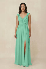 Ruffled V-Neck A-Line Chiffon Bridesmaid Dress in Turquoise - KissProm BRIDESMAID DRESSES