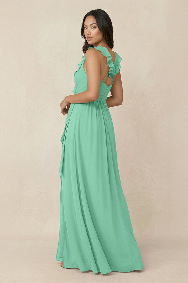Ruffled V-Neck A-Line Chiffon Bridesmaid Dress in Turquoise - KissProm BRIDESMAID DRESSES