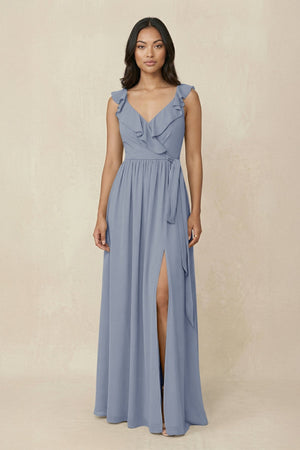 Ruffled V-Neck A-Line Chiffon Bridesmaid Dress in Twilight - KissProm BRIDESMAID DRESSES