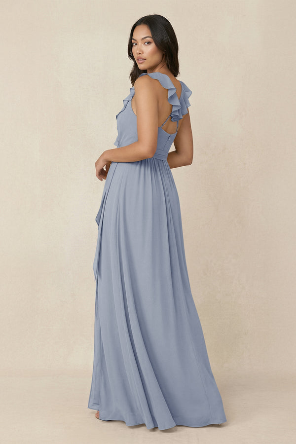 Ruffled V-Neck A-Line Chiffon Bridesmaid Dress in Twilight - KissProm BRIDESMAID DRESSES