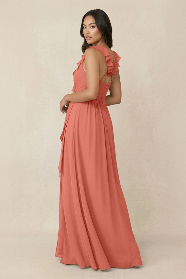 Ruffled V-Neck A-Line Chiffon Bridesmaid Dress in Wild Rose - KissProm BRIDESMAID DRESSES