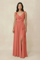 Ruffled V-Neck A-Line Chiffon Bridesmaid Dress in Wild Rose - KissProm BRIDESMAID DRESSES