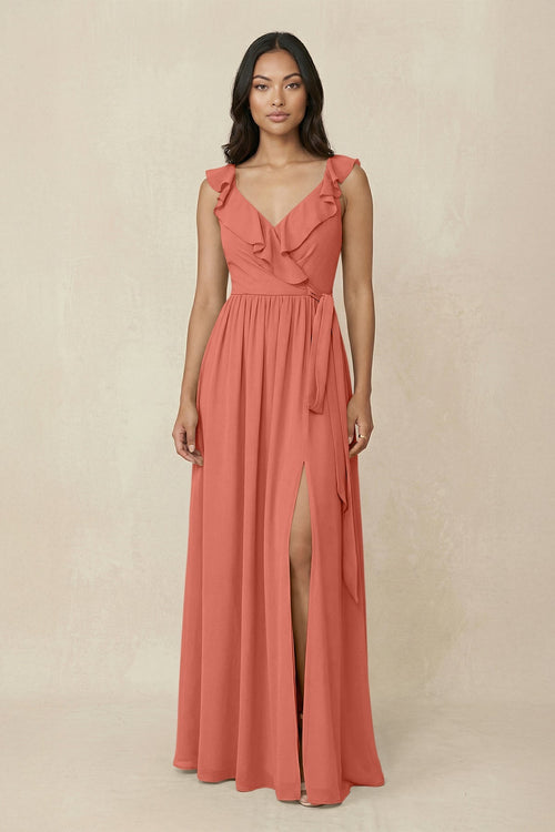 Ruffled V-Neck A-Line Chiffon Bridesmaid Dress in Wild Rose - KissProm BRIDESMAID DRESSES