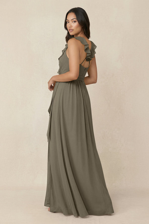 Ruffled V-Neck A-Line Chiffon Bridesmaid Dress in Willow Green - KissProm BRIDESMAID DRESSES