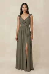 Ruffled V-Neck A-Line Chiffon Bridesmaid Dress in Willow Green - KissProm BRIDESMAID DRESSES