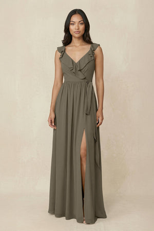 Ruffled V-Neck A-Line Chiffon Bridesmaid Dress in Willow Green - KissProm BRIDESMAID DRESSES
