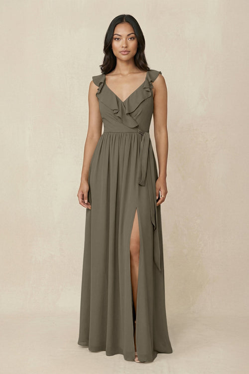 Ruffled V-Neck A-Line Chiffon Bridesmaid Dress in Willow Green - KissProm BRIDESMAID DRESSES