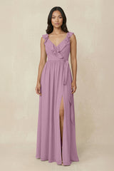 Ruffled V-Neck A-Line Chiffon Bridesmaid Dress in Wisteria - KissProm BRIDESMAID DRESSES
