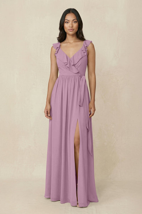Ruffled V-Neck A-Line Chiffon Bridesmaid Dress in Wisteria - KissProm BRIDESMAID DRESSES
