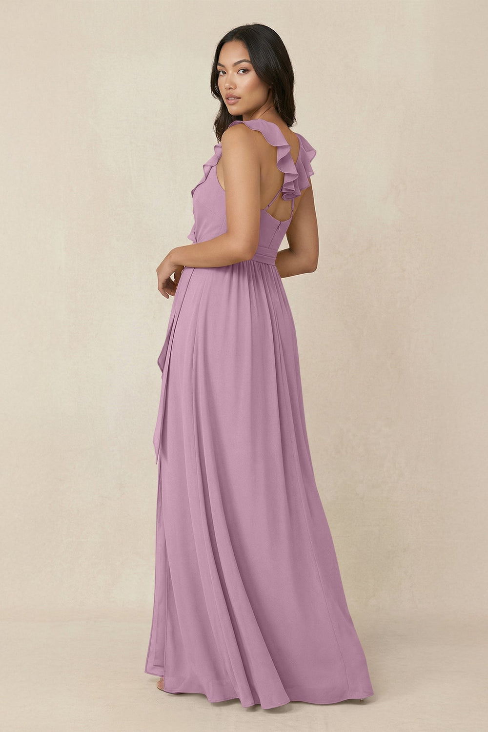 Ruffled V-Neck A-Line Chiffon Bridesmaid Dress in Wisteria - KissProm BRIDESMAID DRESSES