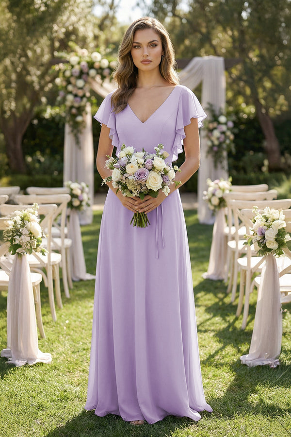KissProm Ruffled V-Neck Chiffon A-Line Bridesmaid Dress in Lavender, Lavender / 14