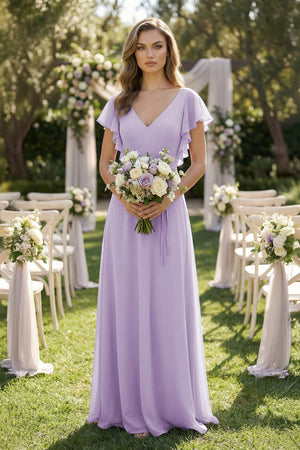 Ruffled V-Neck Chiffon A-Line Bridesmaid Dress in Lavender - KissProm BRIDESMAID DRESSES