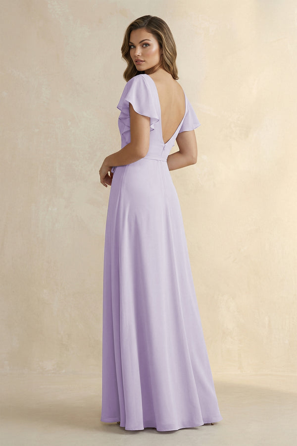 Ruffled V-Neck Chiffon A-Line Bridesmaid Dress in Lavender - KissProm BRIDESMAID DRESSES