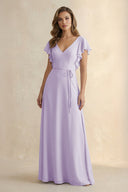 Ruffled V-Neck Chiffon A-Line Bridesmaid Dress in Lavender - KissProm BRIDESMAID DRESSES