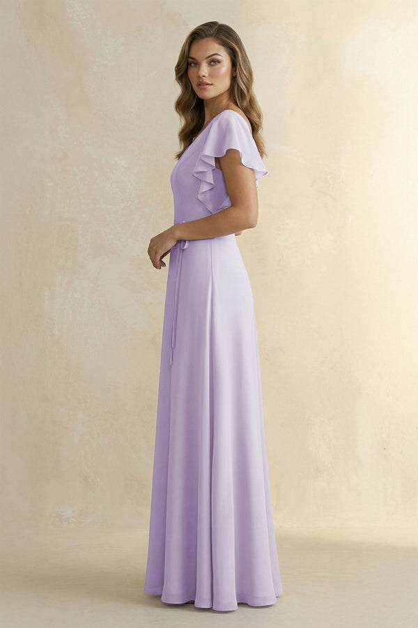Ruffled V-Neck Chiffon A-Line Bridesmaid Dress in Lavender - KissProm BRIDESMAID DRESSES
