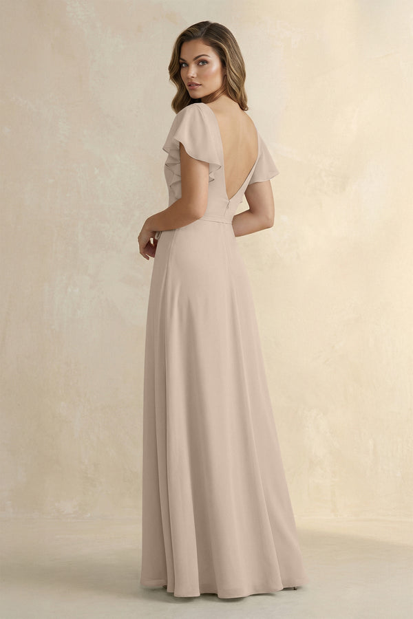 Ruffled V - Neck Chiffon A - Line Bridesmaid Dress in Almond - KissProm Bridesmaid Dresses