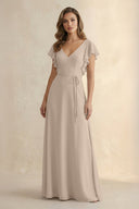 Ruffled V - Neck Chiffon A - Line Bridesmaid Dress in Almond - KissProm Bridesmaid Dresses