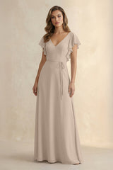 Ruffled V - Neck Chiffon A - Line Bridesmaid Dress in Almond - KissProm Bridesmaid Dresses