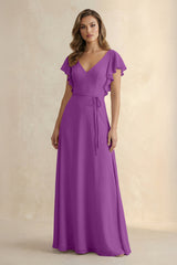 Ruffled V - Neck Chiffon A - Line Bridesmaid Dress in Amethyst - KissProm Bridesmaid Dresses