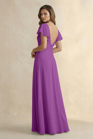 Ruffled V - Neck Chiffon A - Line Bridesmaid Dress in Amethyst - KissProm Bridesmaid Dresses