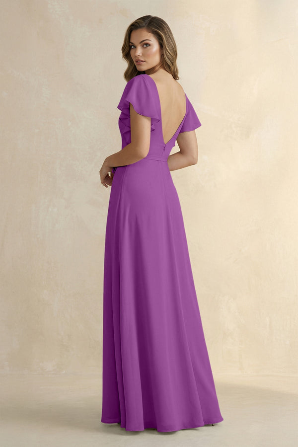 Ruffled V - Neck Chiffon A - Line Bridesmaid Dress in Amethyst - KissProm Bridesmaid Dresses