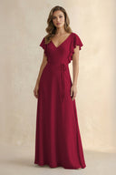 Ruffled V - Neck Chiffon A - Line Bridesmaid Dress in Berry - KissProm Bridesmaid Dresses