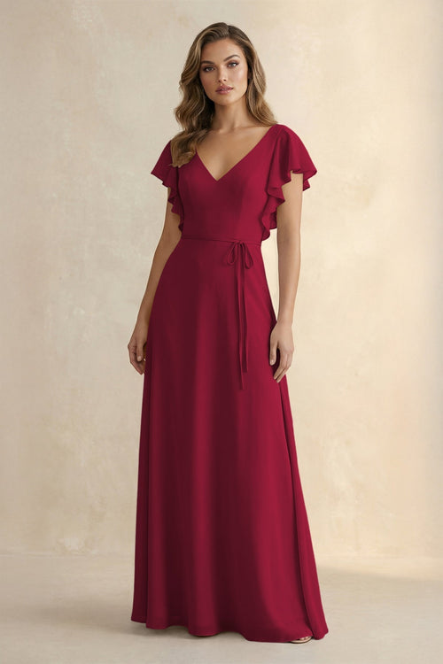 Ruffled V - Neck Chiffon A - Line Bridesmaid Dress in Berry - KissProm Bridesmaid Dresses