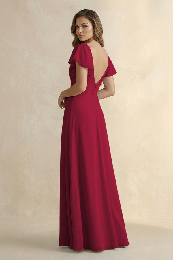 Ruffled V - Neck Chiffon A - Line Bridesmaid Dress in Berry - KissProm Bridesmaid Dresses