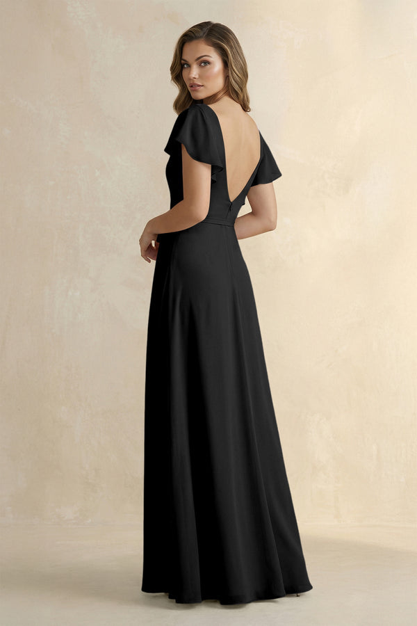 Ruffled V - Neck Chiffon A - Line Bridesmaid Dress in Black - KissProm Bridesmaid Dresses