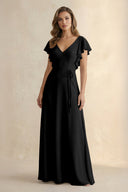 Ruffled V - Neck Chiffon A - Line Bridesmaid Dress in Black - KissProm Bridesmaid Dresses