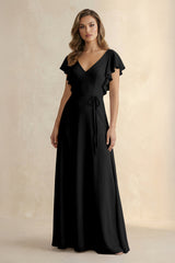 Ruffled V - Neck Chiffon A - Line Bridesmaid Dress in Black - KissProm Bridesmaid Dresses