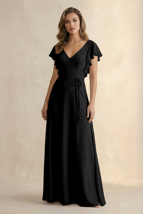 Ruffled V - Neck Chiffon A - Line Bridesmaid Dress in Black - KissProm Bridesmaid Dresses