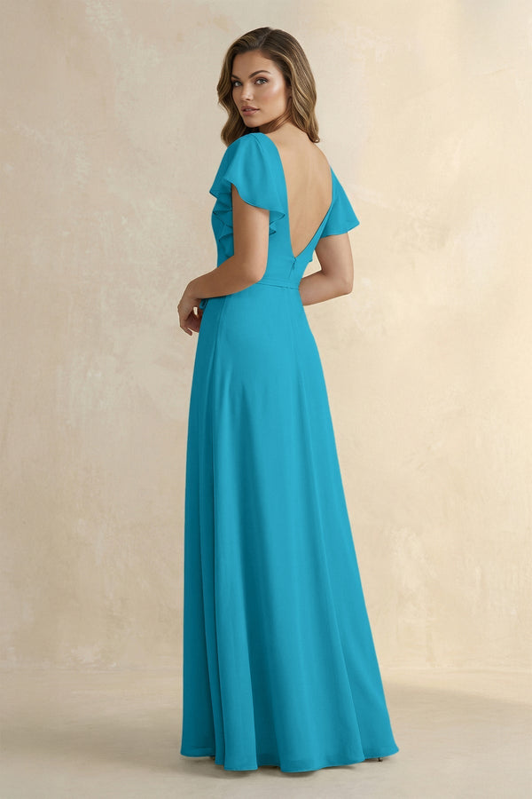 Ruffled V - Neck Chiffon A - Line Bridesmaid Dress in Blue Jay - KissProm Bridesmaid Dresses