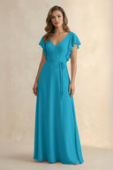 Ruffled V - Neck Chiffon A - Line Bridesmaid Dress in Blue Jay - KissProm Bridesmaid Dresses