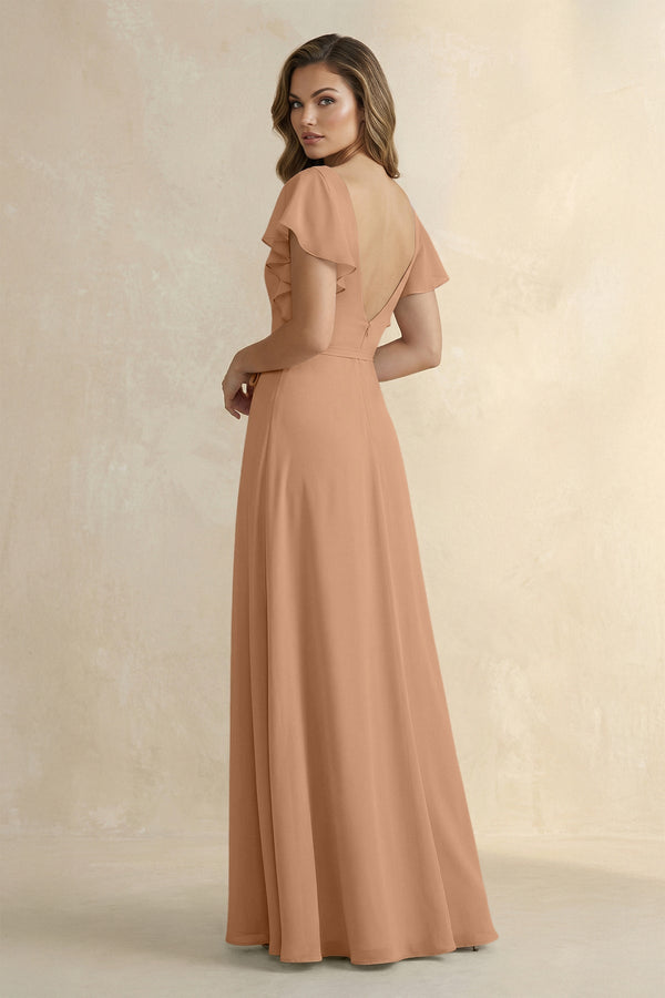 Ruffled V - Neck Chiffon A - Line Bridesmaid Dress in Bronzer - KissProm Bridesmaid Dresses