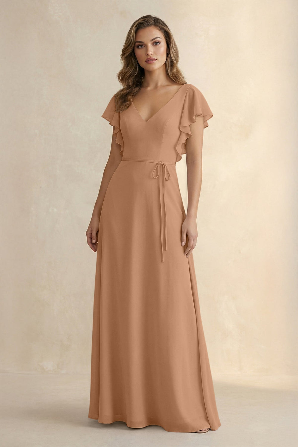 Ruffled V - Neck Chiffon A - Line Bridesmaid Dress in Bronzer - KissProm Bridesmaid Dresses
