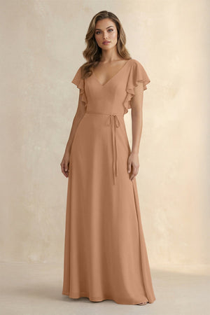 Ruffled V - Neck Chiffon A - Line Bridesmaid Dress in Bronzer - KissProm Bridesmaid Dresses