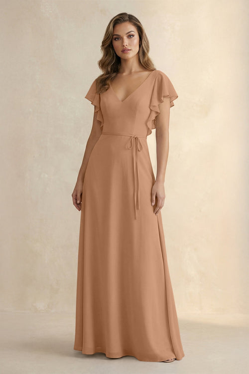 Ruffled V - Neck Chiffon A - Line Bridesmaid Dress in Bronzer - KissProm Bridesmaid Dresses