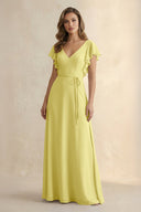 Ruffled V - Neck Chiffon A - Line Bridesmaid Dress in Buttercup - KissProm Bridesmaid Dresses