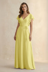 Ruffled V - Neck Chiffon A - Line Bridesmaid Dress in Buttercup - KissProm Bridesmaid Dresses