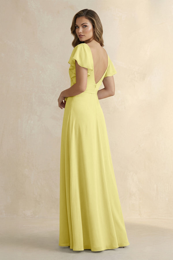 Ruffled V - Neck Chiffon A - Line Bridesmaid Dress in Buttercup - KissProm Bridesmaid Dresses